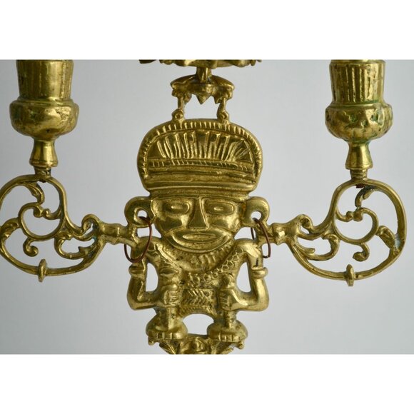 Vintage Brass Figural Candelabra 3-Arm Pre-Columbian Style Tribal Design Candle - Picture 5 of 14